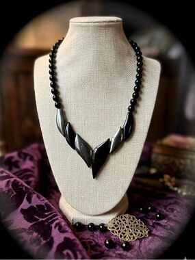 1980s Art Deco Revival Hematite & Onyx Statement Necklace